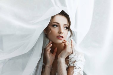 Portre genç muhteşem gelin portresi. Güzel gelin, sabah hazırlıklar portresi.