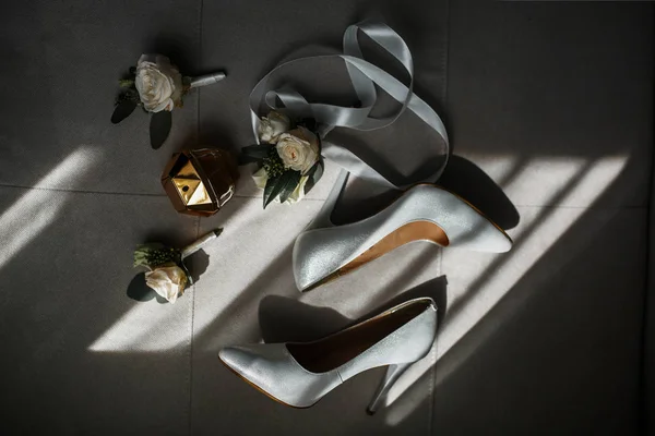 Wedding Accessories Beautiful Bride Bridal Shoes Bride Morning — Stock Photo, Image