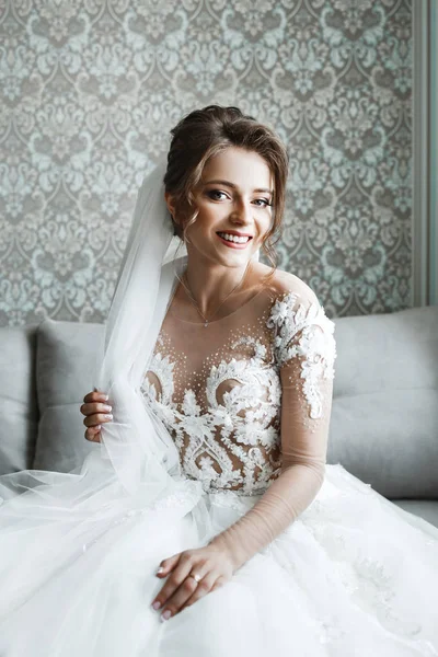 Крупный План Портрета Молодой Великолепной Невесты Портрет Красивой Невесты Утренние — стоковое фото