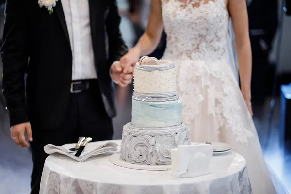 Elegante Junge Braut Und Bräutigam Beim Anschneiden Der Hochzeitstorte — Stockfoto