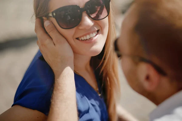 Beautiful happy couple embracing in the city. Stock Image