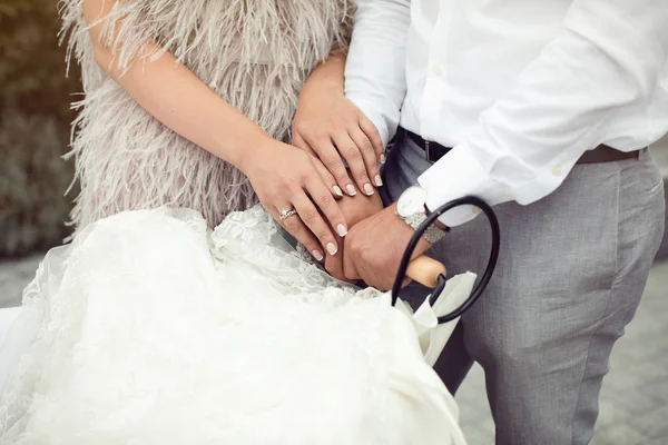 Young Parents Newborn Baby Closeup Shot Happy Couple Hands Stroller — Stock Photo, Image