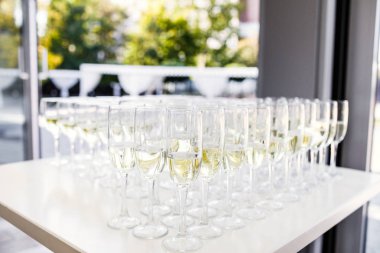 Tam soğuk şampanya flüt stand arasında yemek masası kovalar