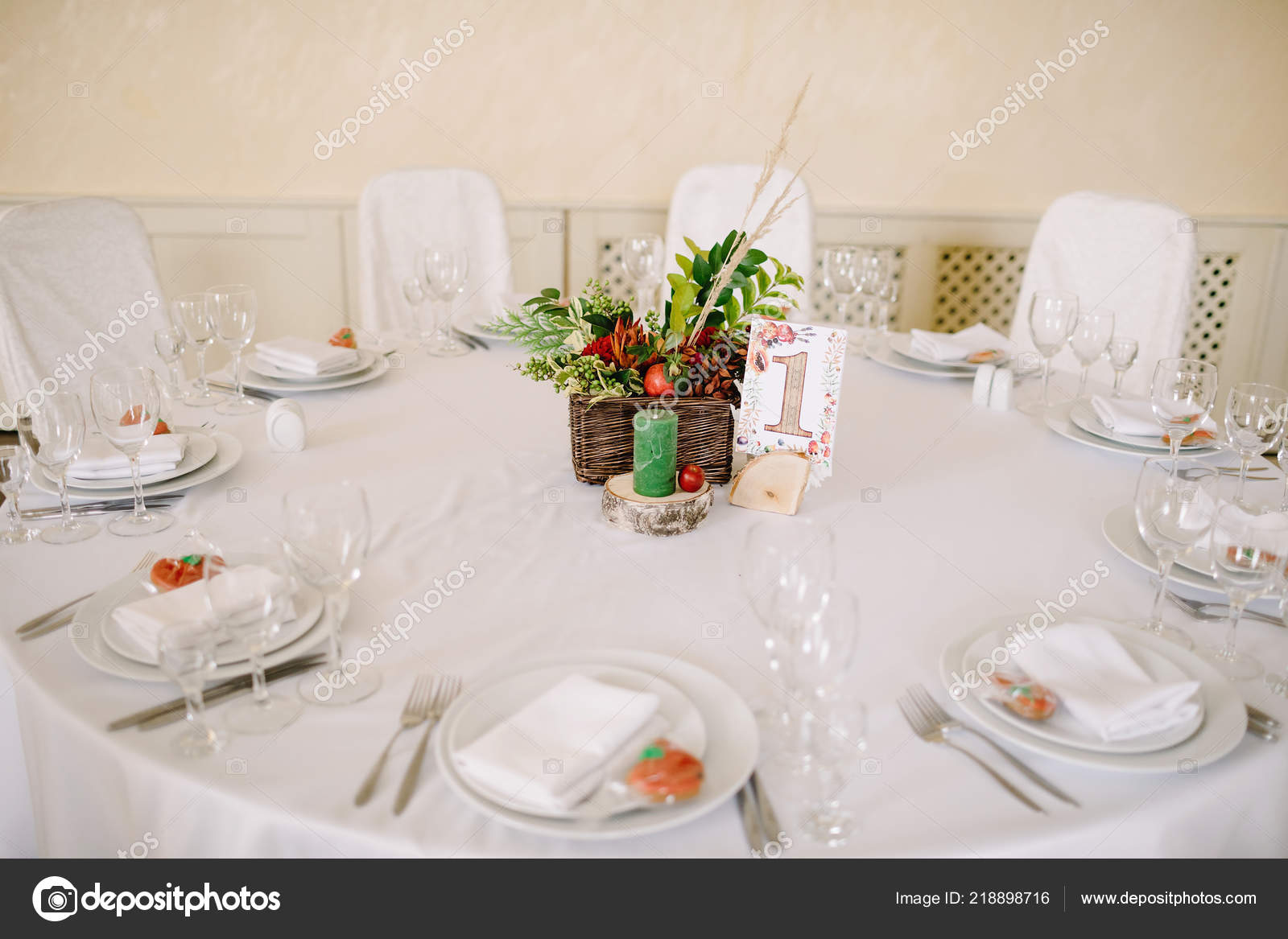 Close Up Of Folded Napkin And Empty Glasses Stock Photo