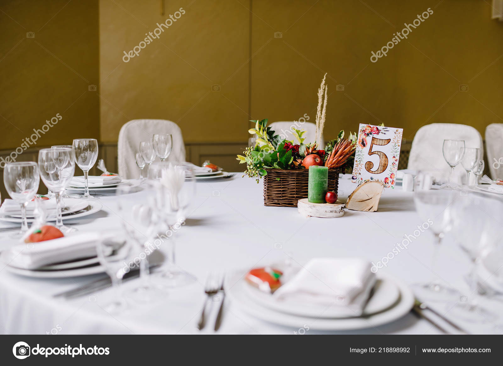 Close Up Of Folded Napkin And Empty Glasses Stock Photo