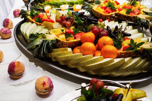 stylish luxury catering for party, decor table of fruits, wedding reception