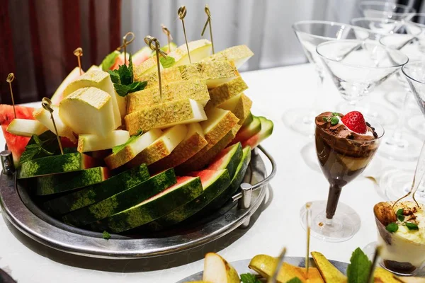 Elegáns Luxus Catering Party Dekoráció Tábla Gyümölcsök Esküvői Fogadás — Stock Fotó