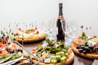 Peynir yemek tatma. Lezzetli peynir masanın üzerinde. Tablo setti