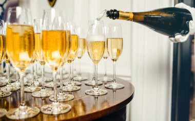 bir bardak şampanya. Şampanya ile yeni yıl kutlamaları.