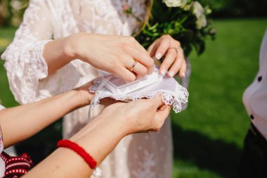 Gelin ve damat, Alyans koyarak çift eller.