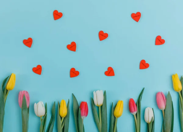 Jarní Tulipány Květiny Koncept Den Svatého Valentýna Žena Den Den — Stock fotografie