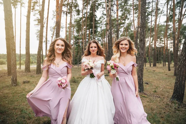 Mooie Bruid Met Haar Mooie Bruidsmeisjes Bruid Bruidsmeisje Zijn Boeketten — Stockfoto