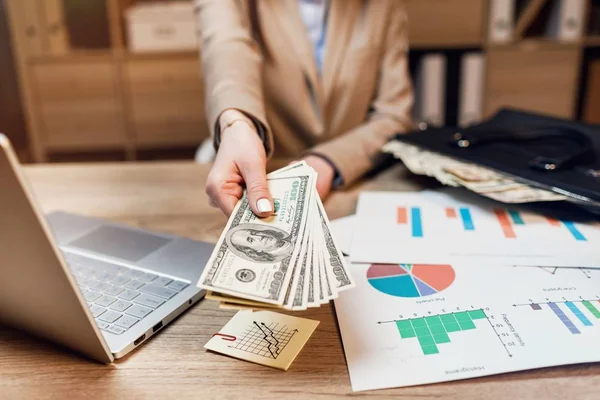 Close Woman Money Businesswoman Holding Cash Hand Giving Money Businesswoman — Stock Photo, Image