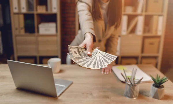 Close Woman Money Businesswoman Holding Cash Hand Giving Money Businesswoman — Stock Photo, Image