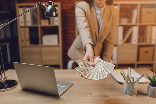 Close Woman Money Businesswoman Holding Cash Hand Giving Money Businesswoman — Stock Photo, Image