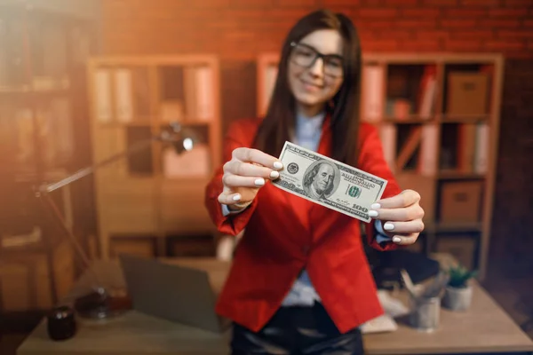 Cheerful Young Woman Holding Money Banknotes Businesswoman Eyeglasses Holding One — Stock Photo, Image
