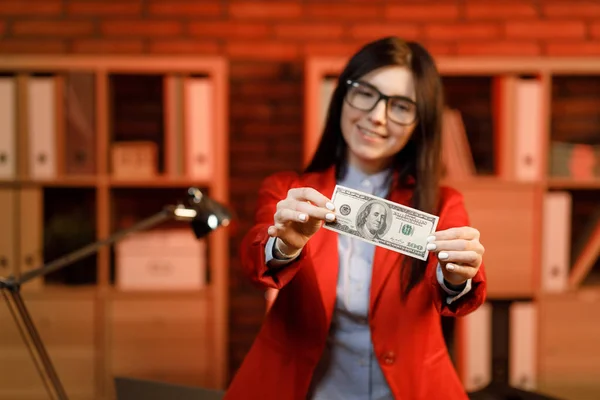 Cheerful Young Woman Holding Money Banknotes Businesswoman Eyeglasses Holding One — Stock Photo, Image