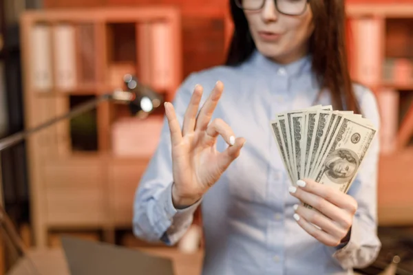 Cheerful Young Woman Holding Money Banknotes Businesswoman Eyeglasses Holding One — Stock Photo, Image