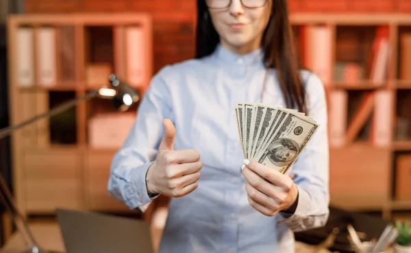 Cheerful Young Woman Holding Money Banknotes Businesswoman Eyeglasses Holding One — Stock Photo, Image