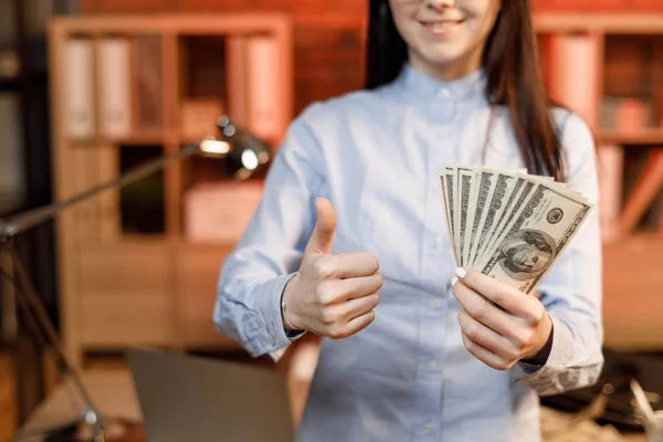 Cheerful Young Woman Holding Money Banknotes Businesswoman Eyeglasses Holding One — Stock Photo, Image