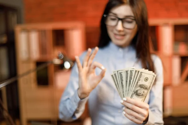 Cheerful Young Woman Holding Money Banknotes Businesswoman Eyeglasses Holding One — Stock Photo, Image