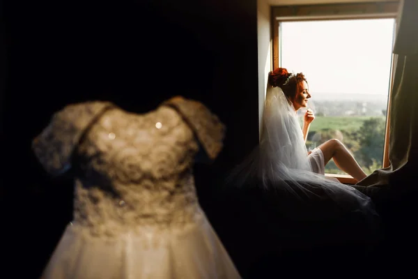 Sposa Matrimonio Ritratto Moda Una Bella Sposa Sexy Abito Bianco — Foto Stock