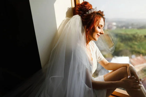 Mariée Mariage Mode Portrait Une Belle Mariée Sexy Robe Blanche — Photo