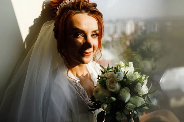 Наречена Весілля Модний Портрет Красивої Сексуальної Нареченої Білій Сукні Ранкова — стокове фото