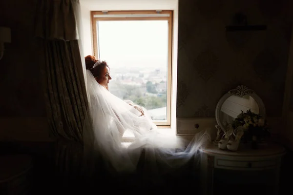Наречена Весілля Модний Портрет Красивої Сексуальної Нареченої Білій Сукні Ранкова — стокове фото