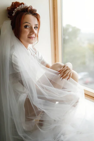 Mariée Mariage Mode Portrait Une Belle Mariée Sexy Robe Blanche — Photo