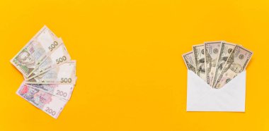 Nakit para. Amerikan Doları banknot ve Ukrayna para para birimi. Mali kavramı.