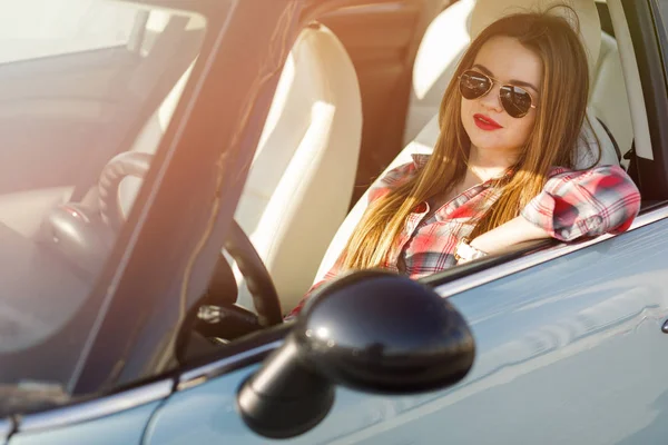 Young Girl Sport Car Black Sunglasses Stock Picture