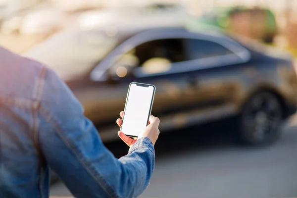 Man Car Young Business Man Phone Car Man Holding Smartphone — Stock Photo, Image