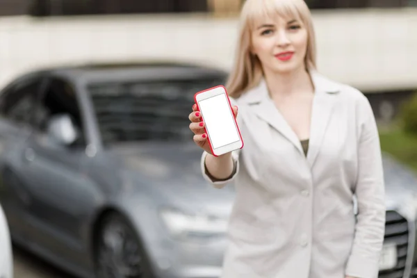 Business Woman Using Phone Car Background Mockup Image Woman Holding — Stock Photo, Image