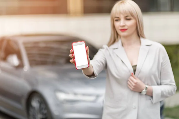 Business Woman Using Phone Car Background Mockup Image Woman Holding — Stock Photo, Image