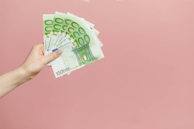 İş ve Finans kavramı. Nakit para. Euro para banknotları tutan kadın.