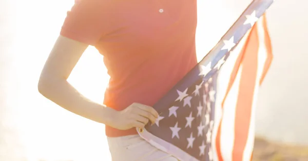 4Th July Independence Day American Flag Young Woman Holding Usa — Stock Photo, Image