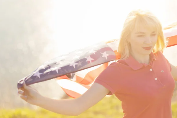 4Th July Independence Day American Flag Young Woman Holding Usa — Stock Photo, Image