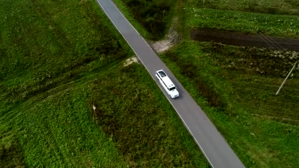 Aerial View White Car Driving Country Road White Limousine Car — Stock Video