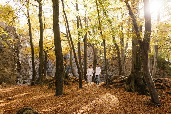 Romantiskt Ungt Par Som Går Höst Parken Familjen Tillsammans Parken — Stockfoto