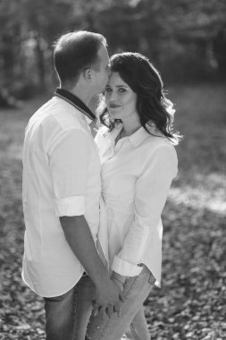 Romantik genç çift sonbahar parkında yürüyor. Parkta birlikte bir aile. Hamile çift.