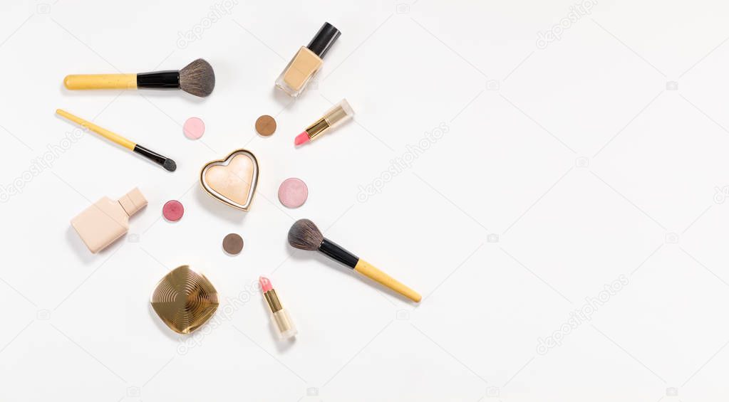Makeup pattern background of beauty product on colorful background.
