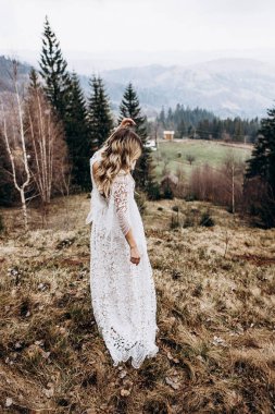 Uzun beyaz elbiseli Kafkas gelinin arkası sonbaharda dağlarda çok pitoresk bir yerde duruyor. Geri görünüm.