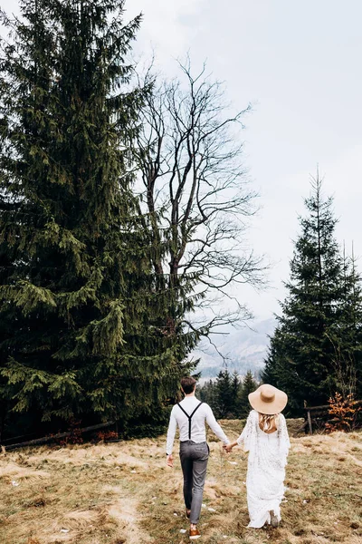 回头看白种年轻刚结婚的夫妇手牵手走在乡村的草地上与松树。女人在长裙和大帽子。后。户外. — 图库照片