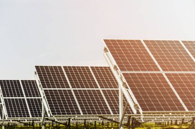 Yeni enerji. Güneşli günde güneş paneli, alternatif elektrik kaynağı.