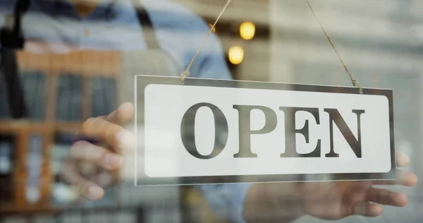 Close Male Baker Hands Turning Signboard Glass Door Shop Open — Stock Photo, Image