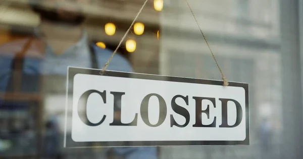 Close Male Baker Hands Turning Signboard Glass Door Shop Closed — Stock Photo, Image