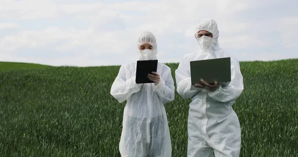 Kaukasische Wissenschaftler und Wissenschaftlerinnen in Schutzanzügen stehen mit Tablet und Laptop auf der grünen Wiese und unterhalten sich. Biologin und Biologe arbeiten bei der Ernte nebenbei. — Stockfoto