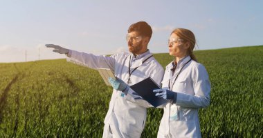 Caucasian couple of ecologists scientists in white gowns, masks and googles walking examining harvest in green field in summer. Woman and man nature researchers tablet talking and working in margin.