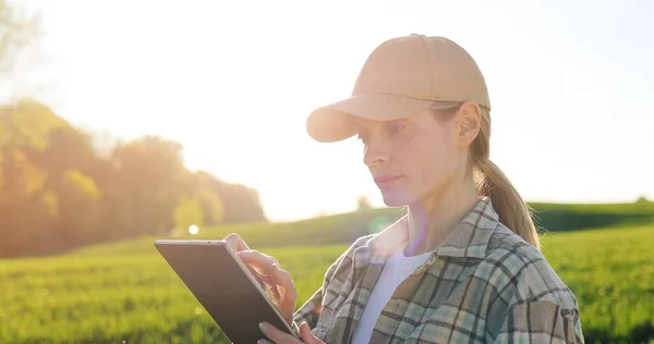 Portrait of attractive female farmer in hat holding tablet device and smiling to camera in green field. Caucasian pretty woman tapping and scrolling on tablet computer in margin. — Stockfoto